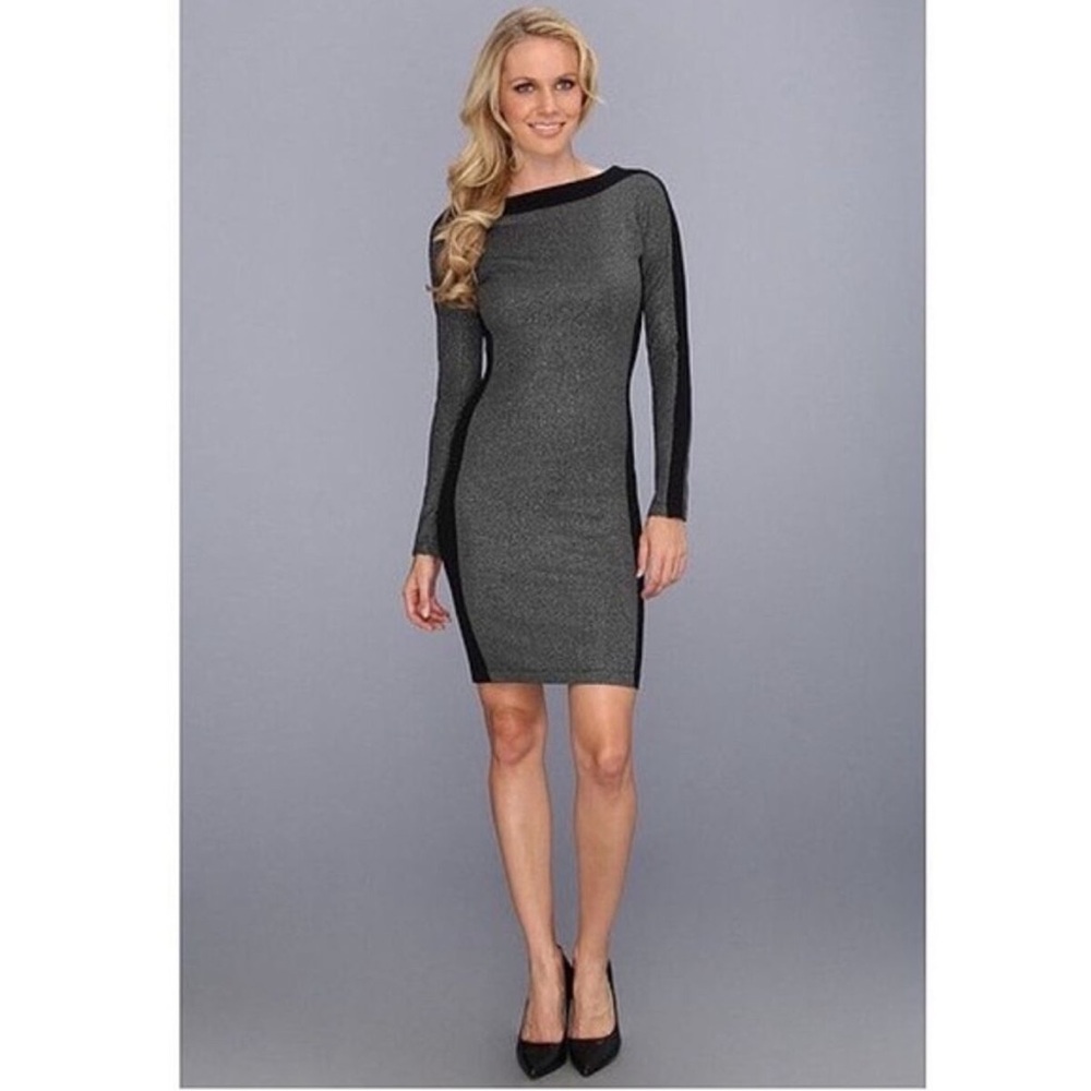 Boatneck silver and black colour blocked dress